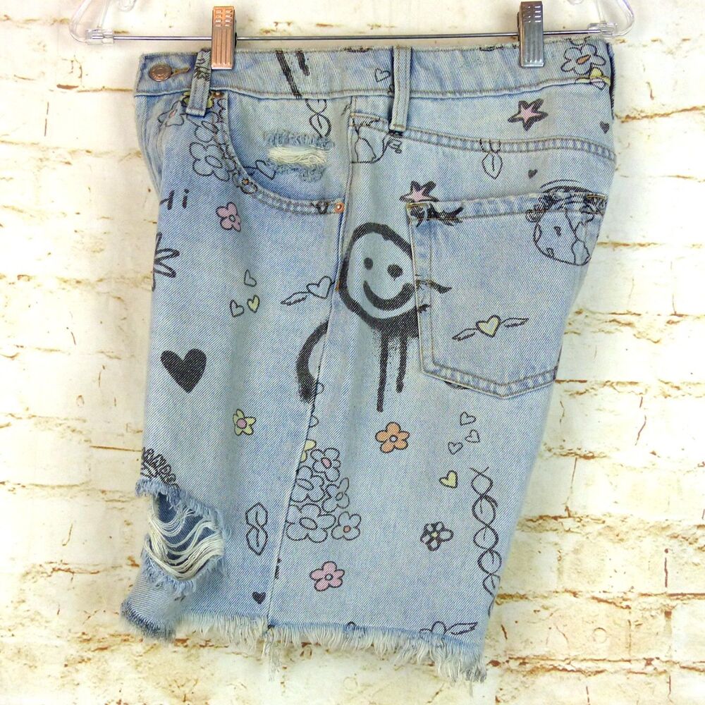 Wild Fable Denim Shorts Women 0 Doodle Print Bermuda Distressed High Rise Grunge - Picture 14 of 14
